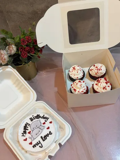 A "Happy Birthday my love" bento cake paired with a box of six red velvet cupcakes. A lovely gift set for a romantic celebration.