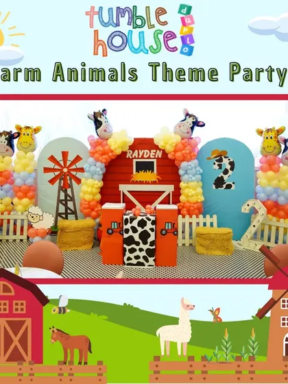 A full view of the Barnyard theme setup. The red barn backdrop, animal-print details, and rustic hay bales create an immersive and picture-perfect farm experience.
