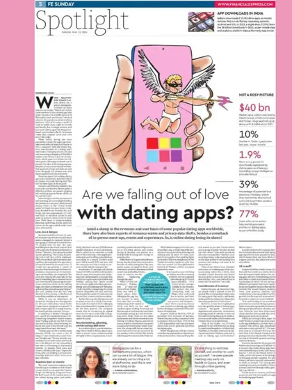 The full-page spread in Financial Express Sunday asking, "Are we falling out of love with dating apps?" I was featured as an expert, sharing my insights on the topic.