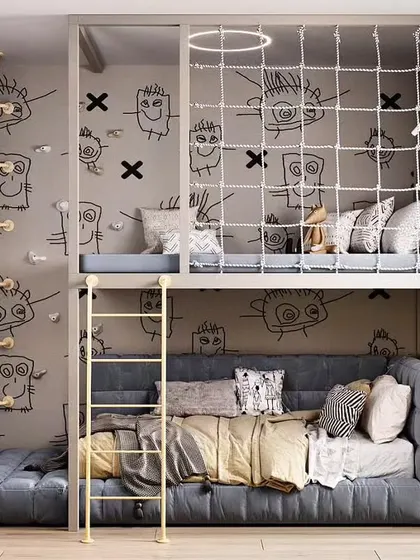 A fun and active kids' room with a loft bed, safety net, and monkey bars. The doodle-art wallpaper adds a creative and personal touch.