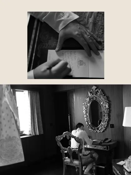 A black and white collage showing the groom writing his vows, capturing the quiet, personal moments of preparation.