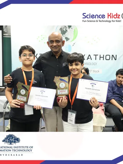 The 2nd prize winners in the junior division at the IIIT Hyderabad make-a-thon. Their success against numerous other teams highlights their strong technical and presentation skills.
