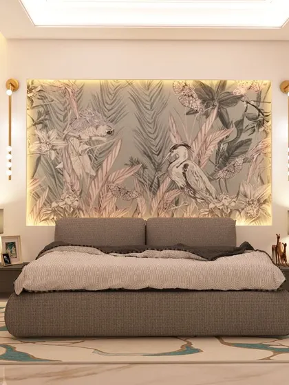 A tranquil bedroom design centered around a large, nature-inspired wallpaper mural that serves as a headboard. The soft, diffused backlighting and minimalist floating nightstands create a peaceful and restorative ambiance.