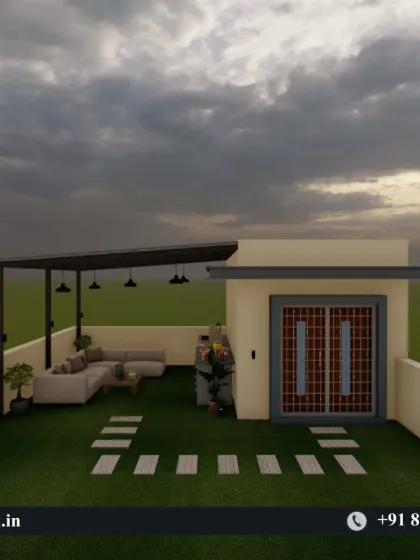 A 3D render of a rooftop lounge with artificial grass, an L-shaped sofa, and a simple, modern pergola.