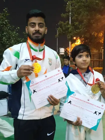 Another young champion from our academy with his gold medal. We nurture talent from a young age, building the skills and confidence needed to succeed in competitive karate.