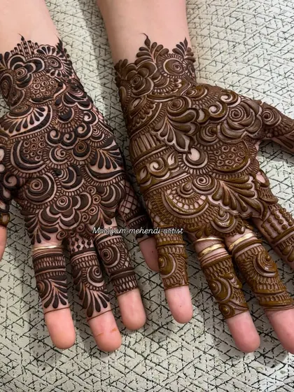 A bold Indian-style mehendi with a modern twist, covering the full hand.