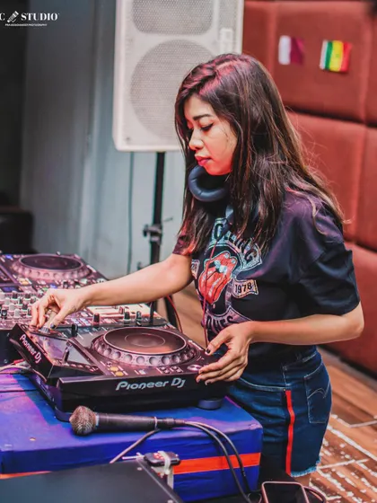 A full view of my workstation during a private gig. This is where I blend different genres, from techno to Bollywood, to fit the party's vibe.