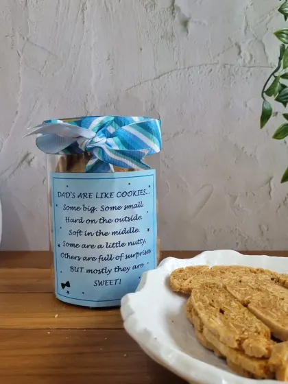 "Dads are like cookies..." This special Father's Day cookie jar is a sweet and heartfelt gift, filled with our delicious almond biscotti that he can enjoy with his tea or coffee.