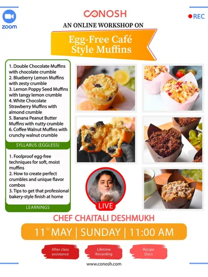 Master egg-free cafe-style muffins with this comprehensive workshop. I'll show you how to create perfect crumbles and unique flavor combos like Blueberry Lemon and Banana Peanut Butter.
