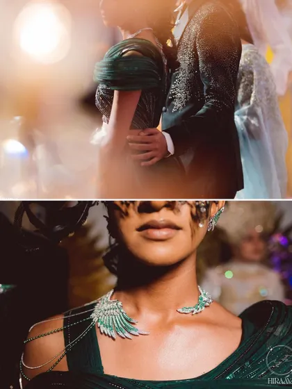 A detail shot from the reception, focusing on the bride's unique winged shoulder and neck jewelry, which was a key element of her modern, high-fashion look.