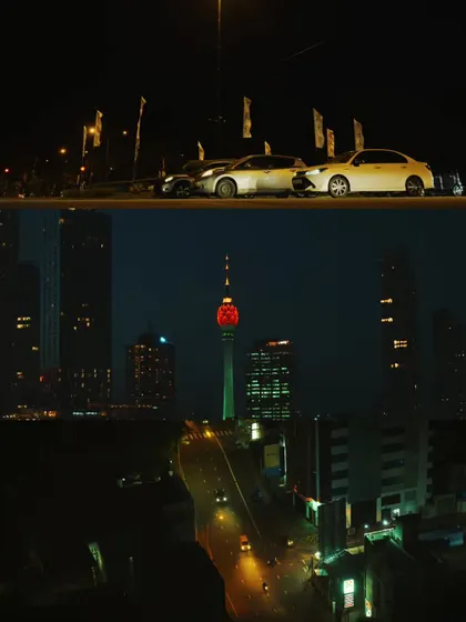 A collage of night scenes from Colombo, including the illuminated Lotus Tower and light trails on the streets, capturing the city's modern and dynamic nightlife.