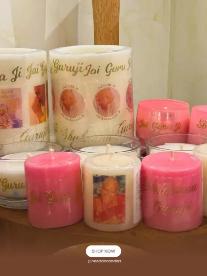 Celebrating Guruji's birthday month with light and devotion. This collection features various candles with his image and blessings, ready to fill your space with divine energy.