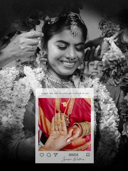An artistic collage celebrating the Iyengar bride, layering a black and white portrait with a color detail of her hands and jewelry.