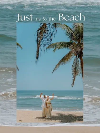 Just the couple and the beach. This wide shot captures the serene beauty and intimacy of a destination wedding, with the palm trees and ocean creating a perfect frame.