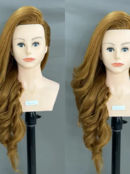 A still image of the one-side curly hairstyle on a mannequin.