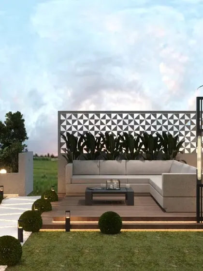 A 3D concept for a seating area with a decorative, geometric privacy screen.