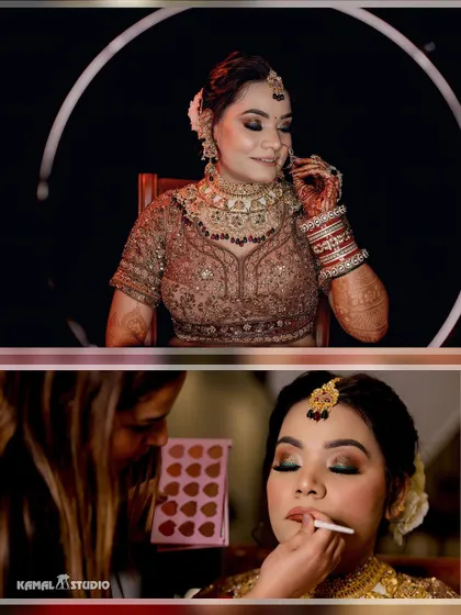 A collage showing the bride's makeup application and a final portrait with creative ring lighting.