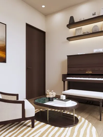 A cozy study area featuring a piano and a comfortable armchair. The render creates a warm and inviting space for music and reading.