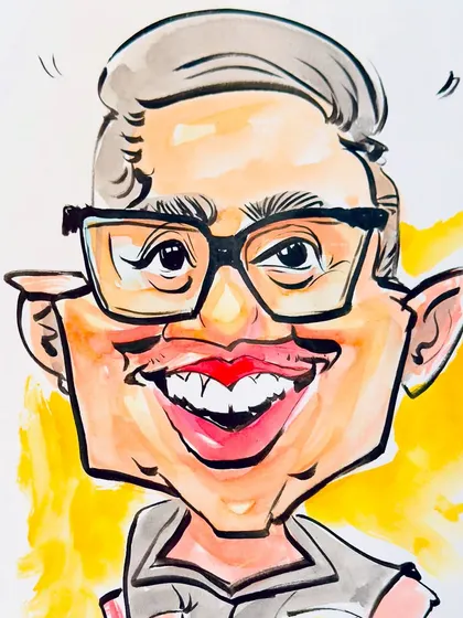 A detailed look at a colorful caricature created at a WeWork event. The bright colors and exaggerated smile perfectly match the fun and creative atmosphere.