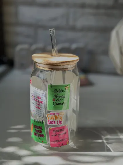 My affirmation sippers are designed to give you a boost of positivity with every sip. This one is covered in cute, uplifting sticky note designs.