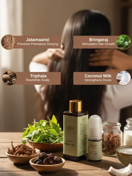 My Ayurvedic Hair Oil is a complete 'poshan' or nourishment for your hair. I have formulated it with powerful herbs like Jatamaansi to prevent premature greying and Bhringraj to stimulate growth. The addition of Triphala nourishes the scalp and Coconut Milk strengthens the roots, addressing hair fall from the inside out.