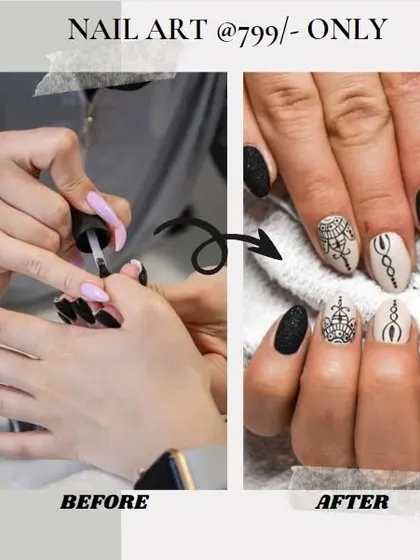 This before and after showcases a bold transformation to a matte black and nude set with intricate mandala-style art.