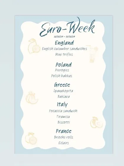 The full menu for my 'Euro-Week'. I loved taking my customers on a journey through England, Poland, Greece, Italy, and France with a selection of sweet and savoury specialties.