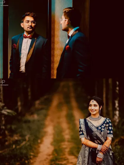 A collage featuring individual portraits of the bride and groom in a forest setting. This highlights their personal style before bringing them together for couple shots.