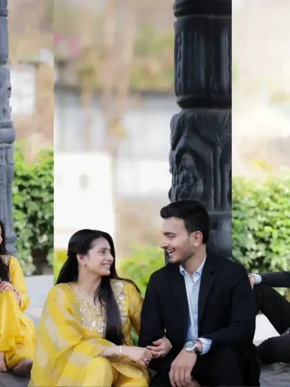 A collage of Hiren and Sakshi sitting together amidst dark, carved pillars. Her bright yellow outfit provides a stunning contrast, and their shared smiles create a warm, happy scene.