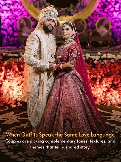 When outfits speak the same love language. This couple chose complementary tones and textures, creating a shared story of elegance and tradition for their wedding day.