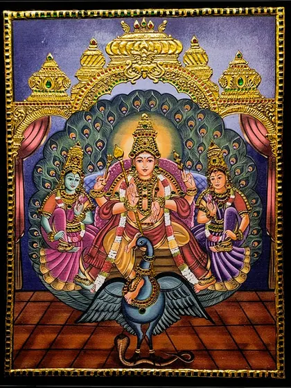 An unframed view of the Lord Murugan with Valli and Devayani Tanjore painting. The black background makes the gold and vibrant colors of the deities pop, emphasizing their divine presence.