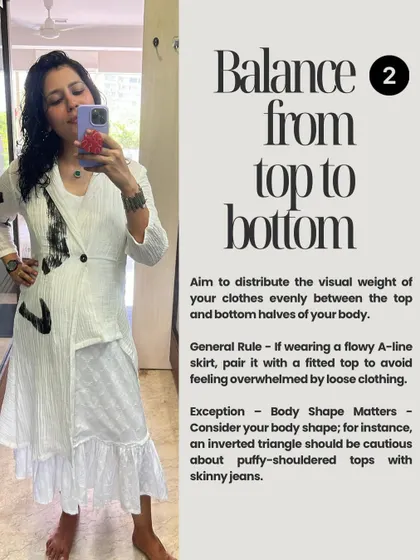 Style Tip #2: Balance from top to bottom. I explain how to distribute the visual weight of your clothes evenly to create a harmonious and flattering silhouette.