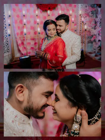 A collage showing both a romantic embrace and an intimate close-up of the couple at their reception.