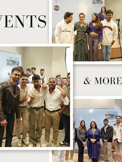 Our team with Bollywood stars Shahid Kapoor, Pooja Hegde, and Sanya Malhotra at various promotional events in Delhi.