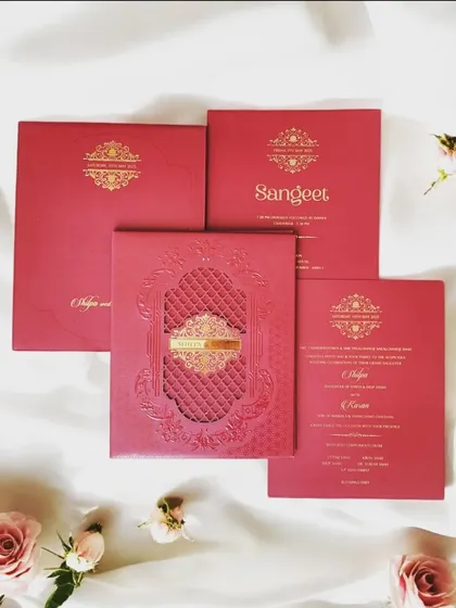 A full view of the vibrant red laser-cut invitation suite, perfect for making a bold and memorable statement.