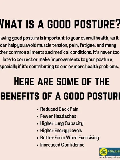 Good posture is crucial for avoiding muscle tension, pain, and fatigue. This graphic lists key benefits, including reduced back pain and higher energy levels, which can be achieved through consistent practice.