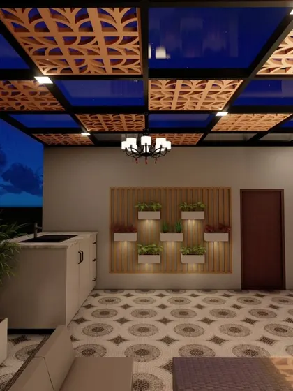 A night view render of a terrace design, highlighting the interplay of a glass and CNC panel pergola with a vertical garden wall, creating a modern and sophisticated atmosphere.
