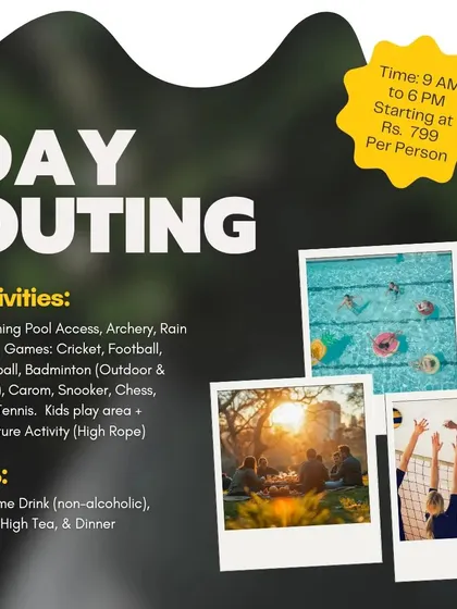 A visual summary of our popular Day Outing package, showing the activities and food and beverage inclusions for your team.