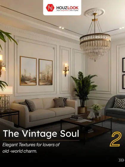For "The Vintage Soul," this living room evokes old-world charm with elegant textures and classic design elements. Wall mouldings, a tiered chandelier, and timeless furniture come together to create a space that is both grand and inviting.