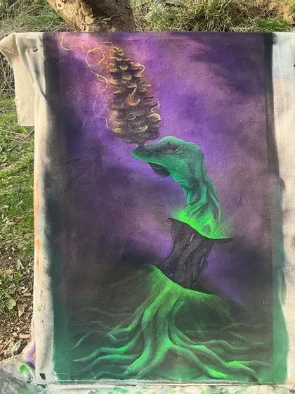 A canvas I painted inspired by my time in the mountains. It's a surreal piece with a burning pine cone and glowing roots, straight from nature.