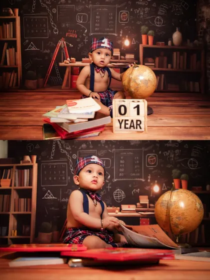 A collage of a "little scholar" themed shoot, with the baby posing in a library setting with a globe and books.