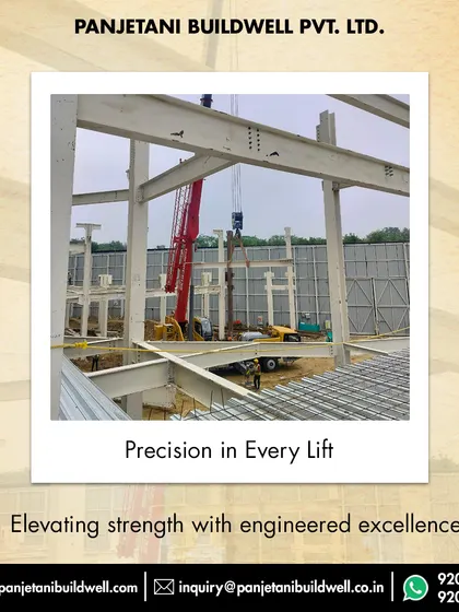 Precision in every lift is crucial for structural integrity. Here, a large crane carefully lowers a horizontal beam into place between two concrete pillars at the Camex Experience Centre.