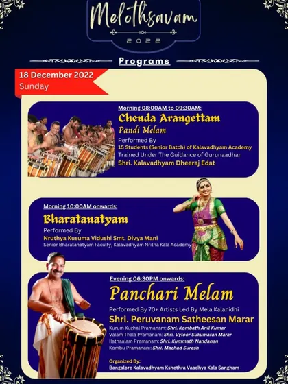 The program schedule for the second day of Melothsavam 2022, featuring a Pandi Melam Arangettam, Bharatanatyam, and a grand Panchari Melam led by a master artist.
