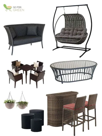 A catalog-style image showing a wide range of our products. Here you can see a two-seater sofa, a double swing, a dining set, a bar set, planters, and a coffee table, all in one place.