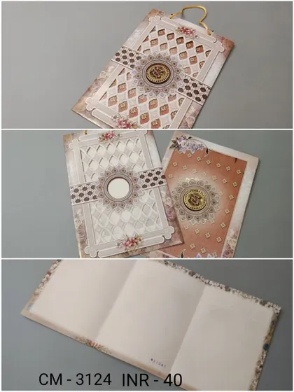 A tri-fold invitation with a rope handle, featuring a laser-cut lattice design and a central emblem. The card opens up to provide ample space for all your wedding information.