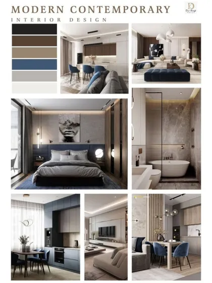 This mood board captures the essence of Modern Contemporary design, featuring a palette of neutral tones, bold navy blues, and a mix of clean lines and cozy textures.