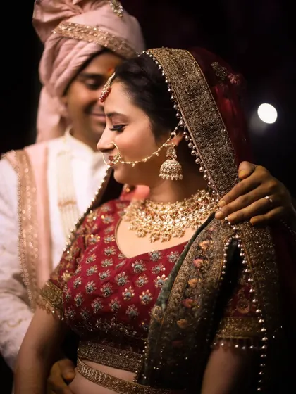 A romantic, softly lit portrait of the groom embracing the bride from behind.