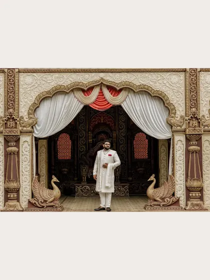 A wide shot of the groom standing proudly in front of the magnificent stage decor. This image captures the scale and grandeur of the engagement ceremony.