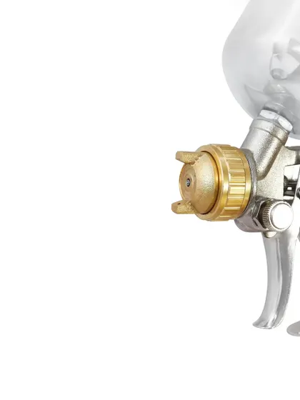 An extreme close-up focusing on the product's nozzle, composed with negative space for adding text or technical specifications in a graphic design.