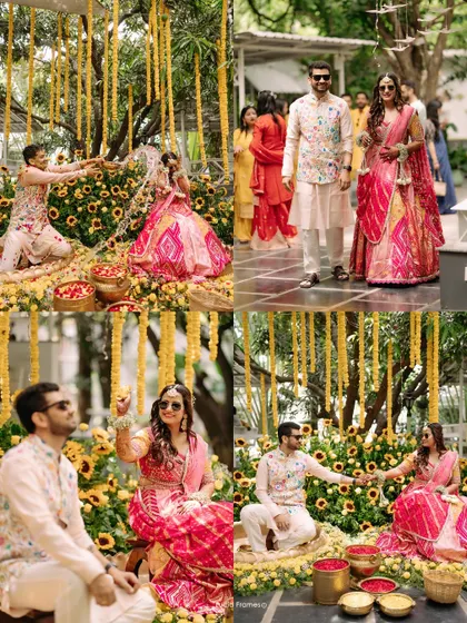 A collage showcasing the fun and colors of a Haldi ceremony, from playful moments to the beautiful decor.